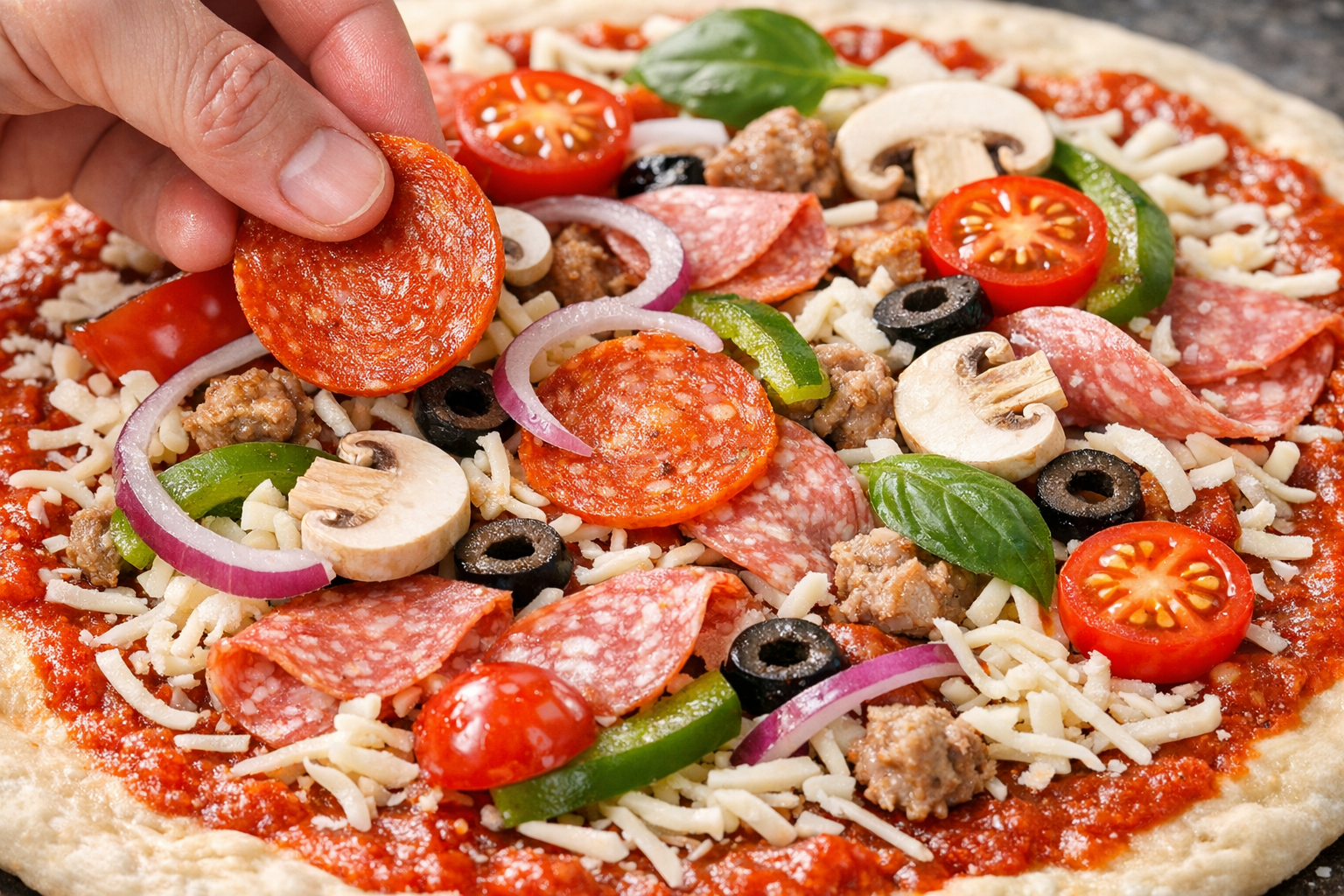 Fresh pizza toppings arrangement