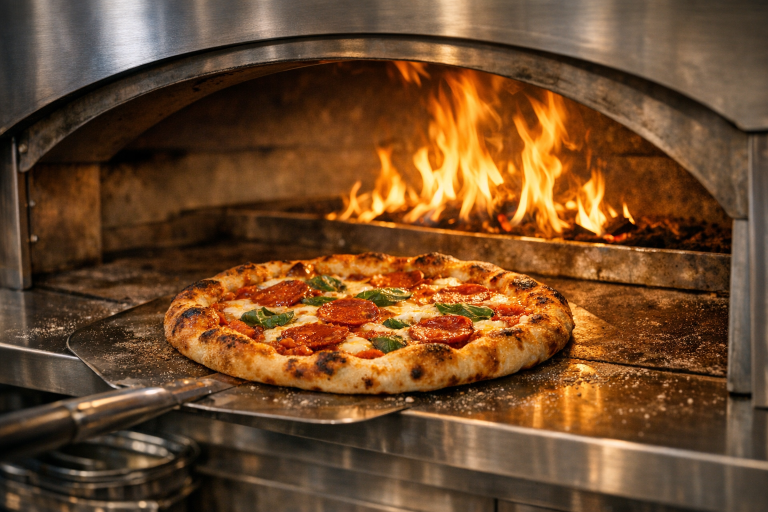 Pizza baking in commercial oven