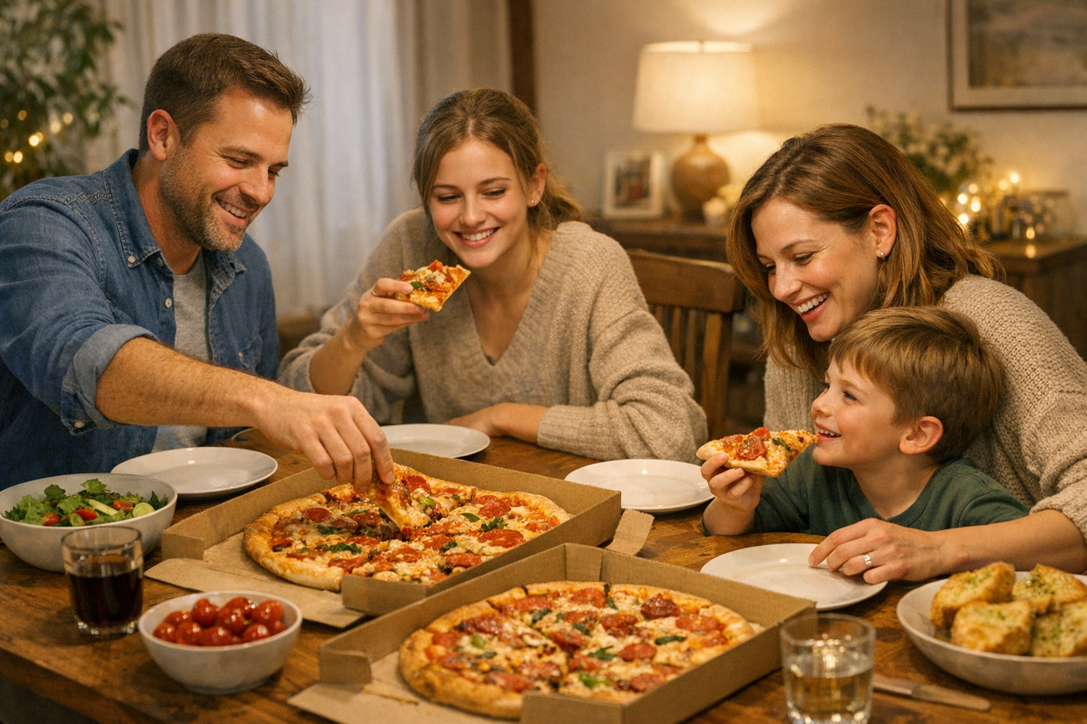 Family gathered around dining table enjoying delivered pizza