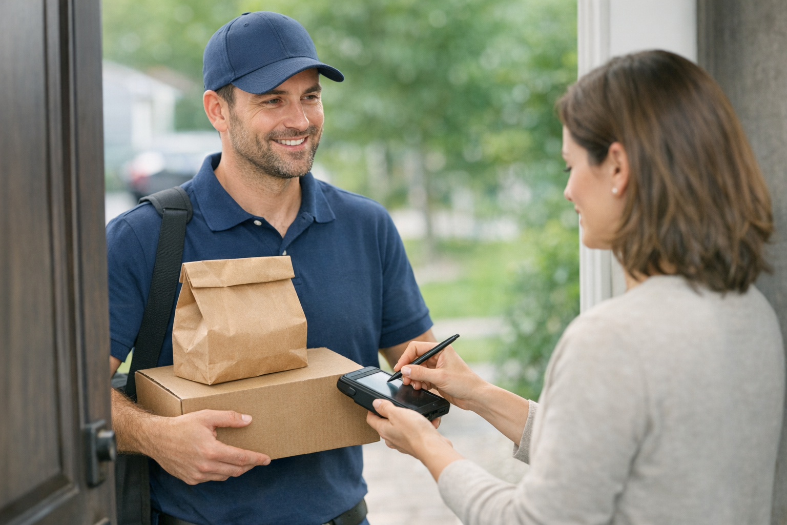 Delivery driver communicating with customer at doorstep
