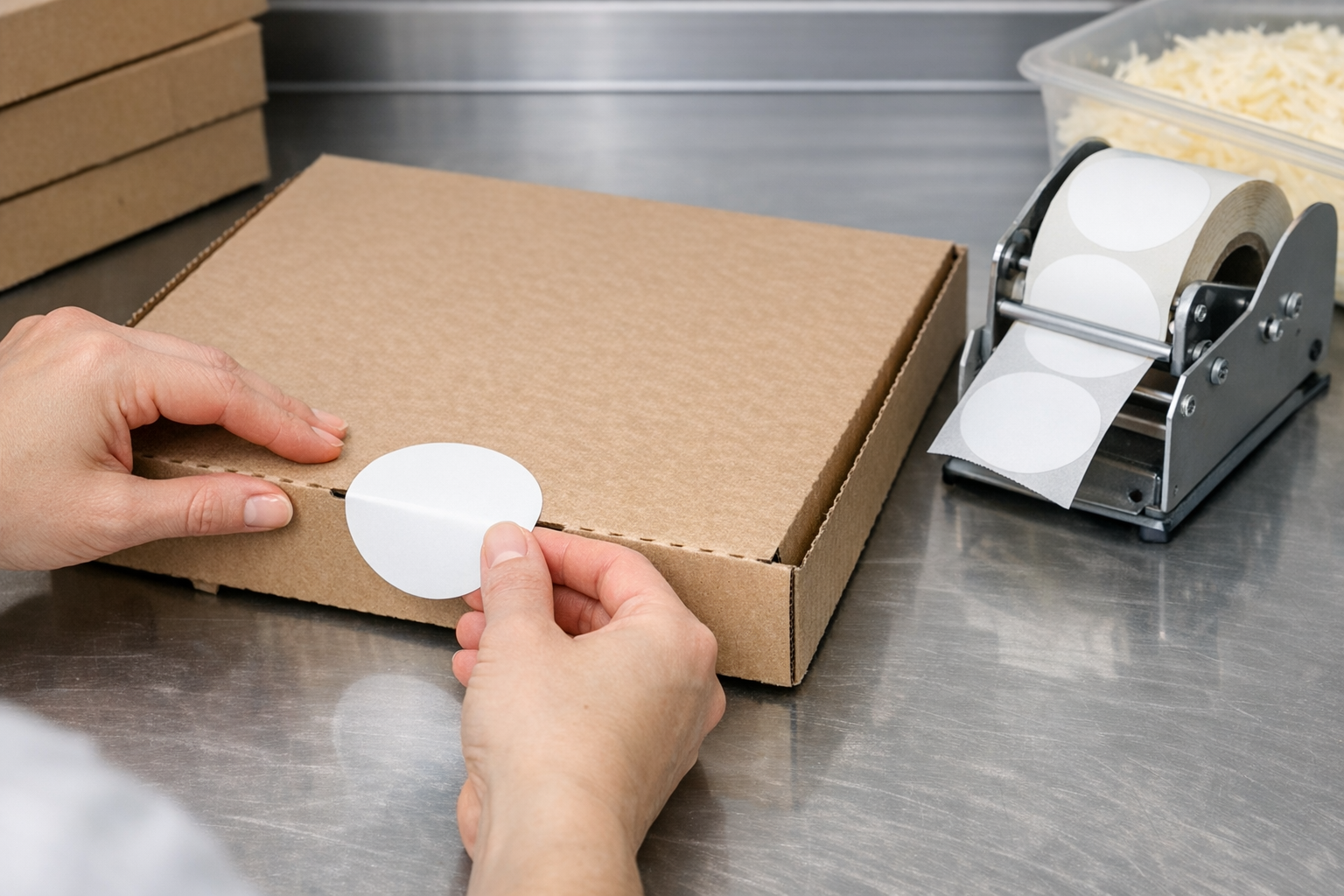 Pizza box being sealed with label