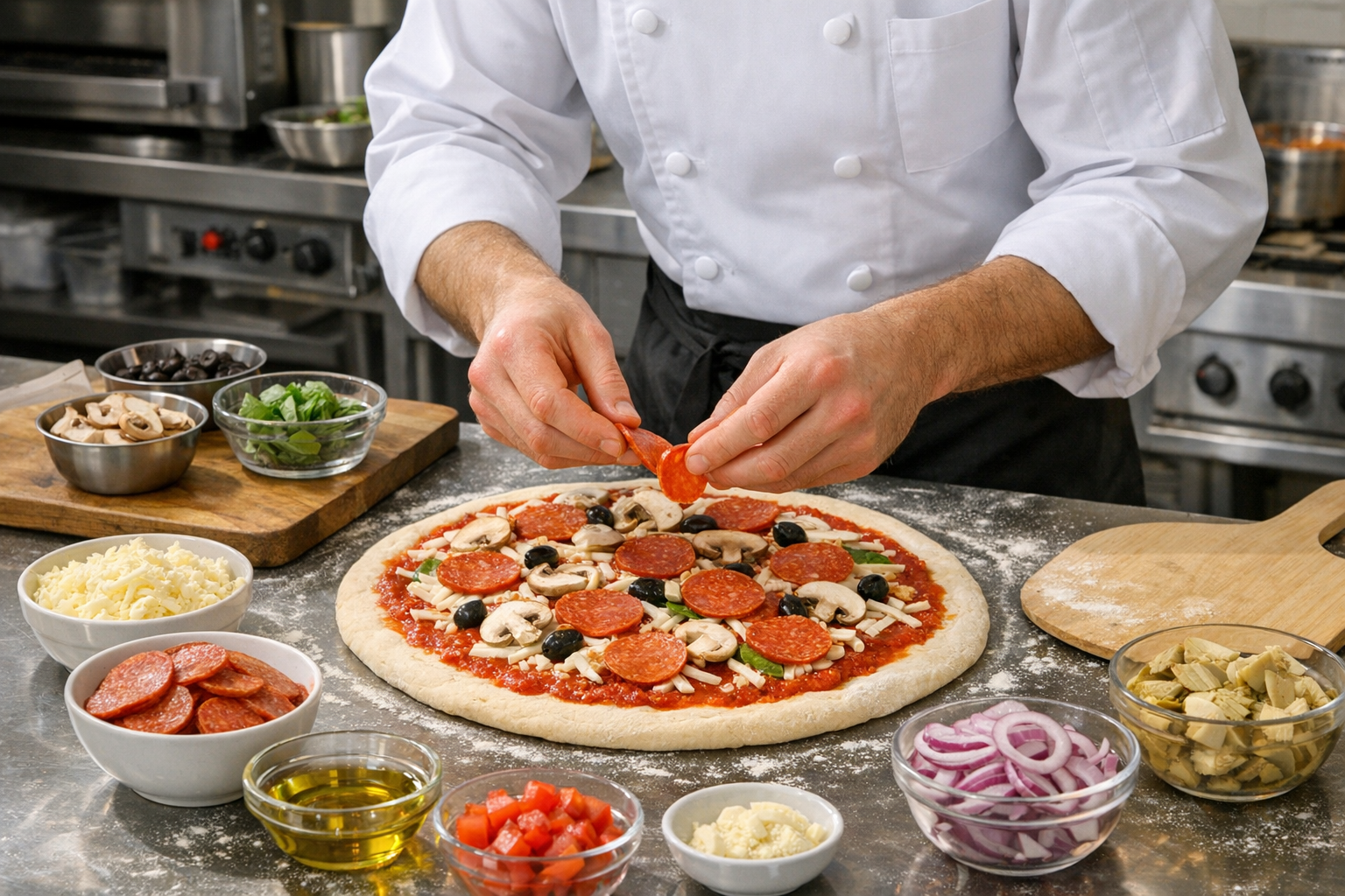 Chef assembling pizza with toppings on preparation counter