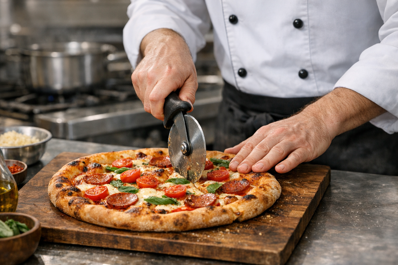 Chef cutting freshly baked pizza with pizza cutter